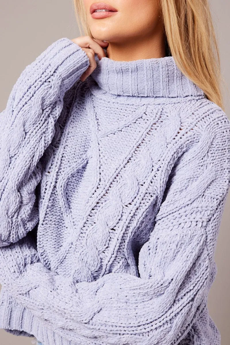 Blue Cable Knit Jumper High Neck
