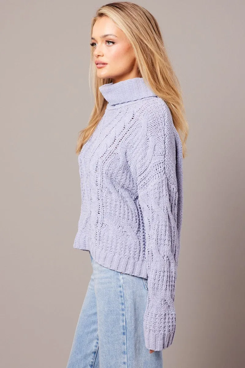 Blue Cable Knit Jumper High Neck
