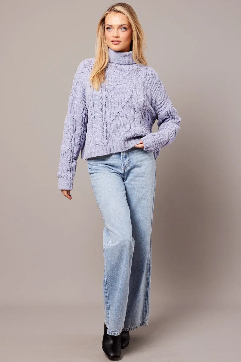 Blue Cable Knit Jumper High Neck