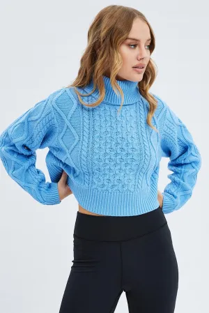 Blue Cable Knit Jumper Turtle Neck
