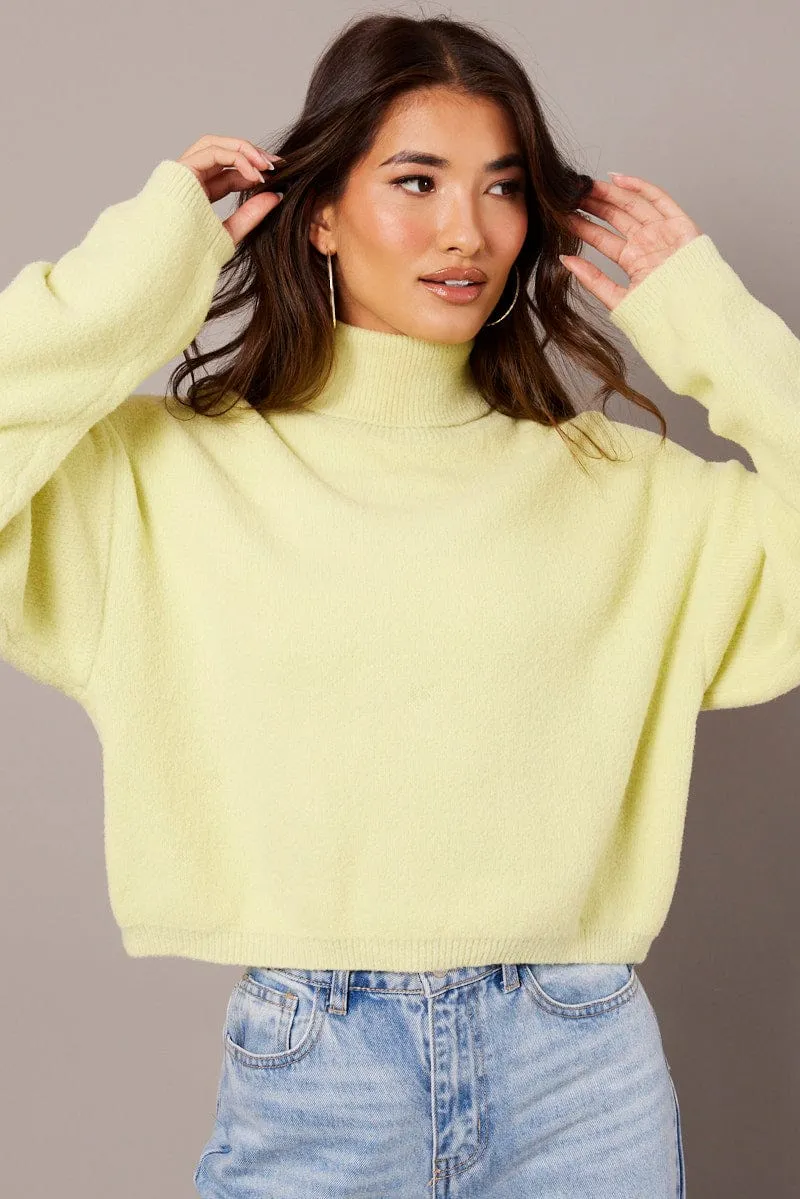 Green Knit Top Long Sleeve High Neck Fluffy