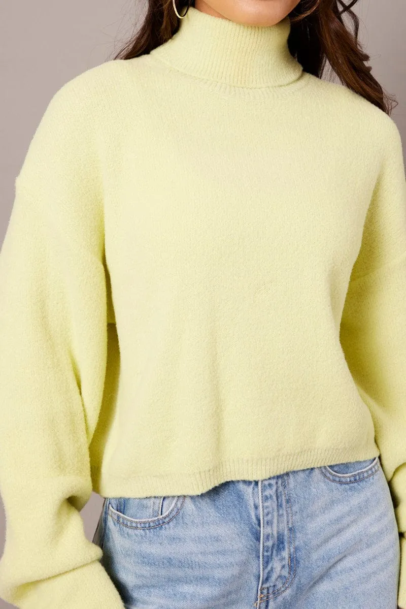 Green Knit Top Long Sleeve High Neck Fluffy