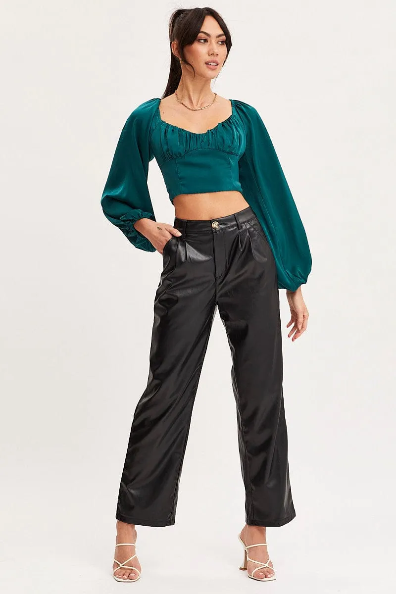 Green Puff Sleeve Top Long Sleeve Crop Satin