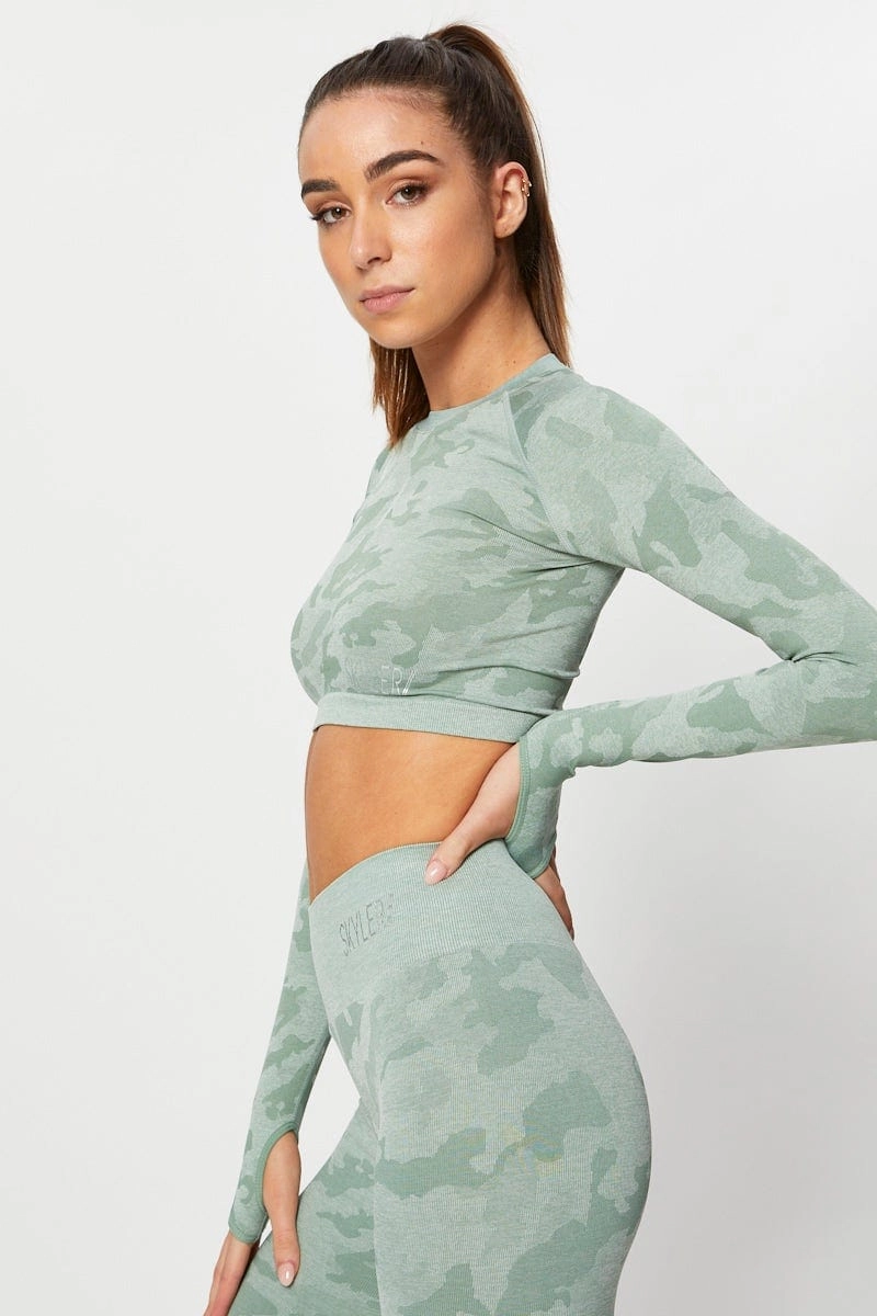 Green Seamless Camo Activewear Long Sleeve Top