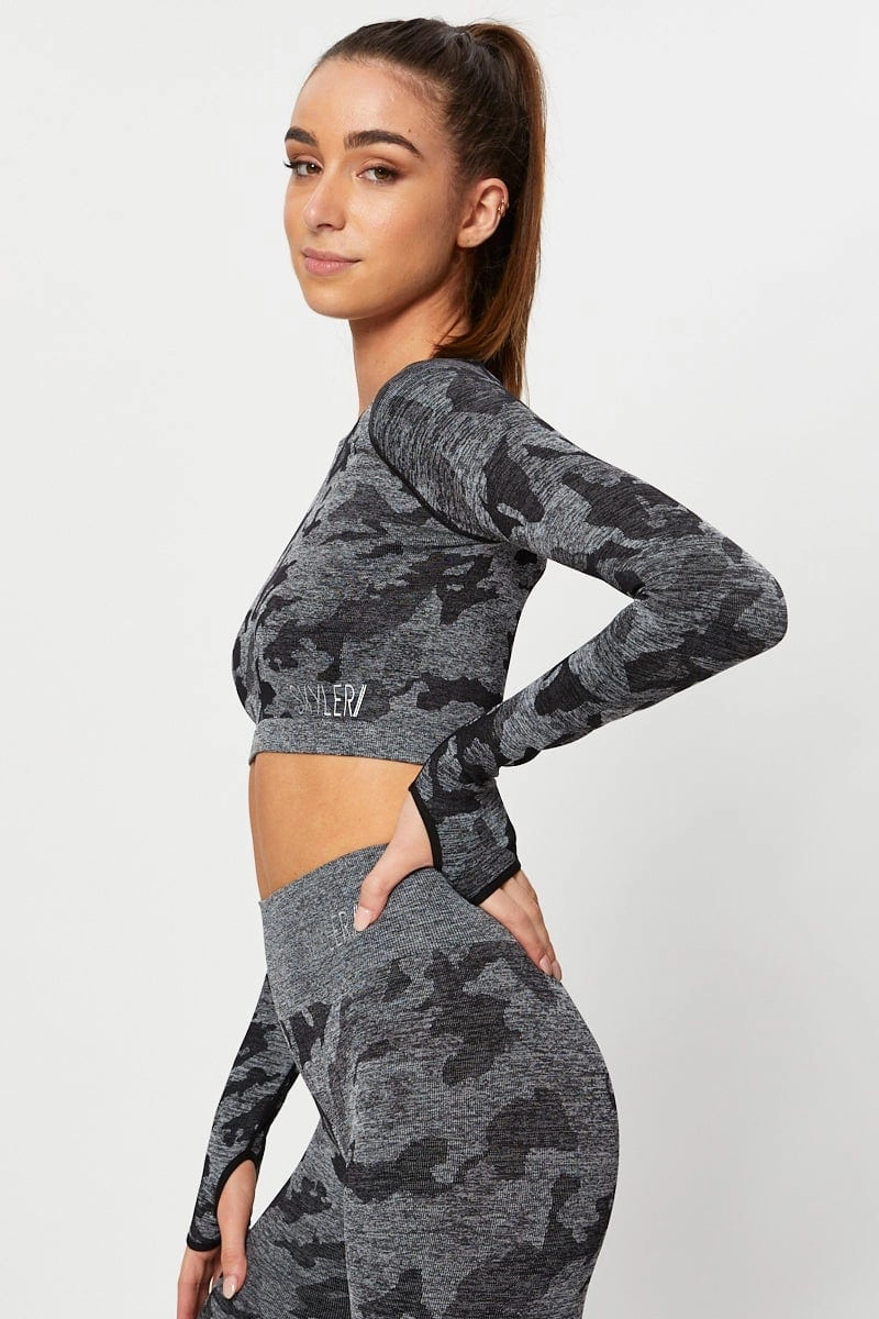 Grey Seamless Camo Activewear Long Sleeve Top