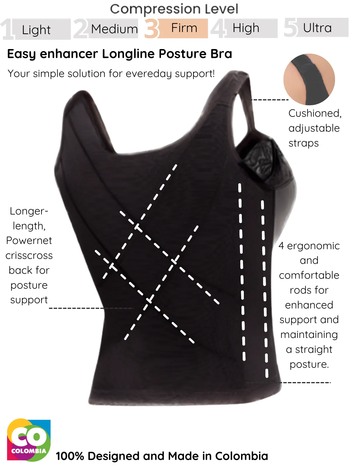 Longline posture corrector bra with padded straps
