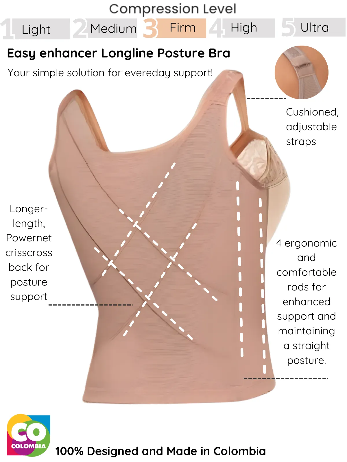 Longline posture corrector bra with padded straps