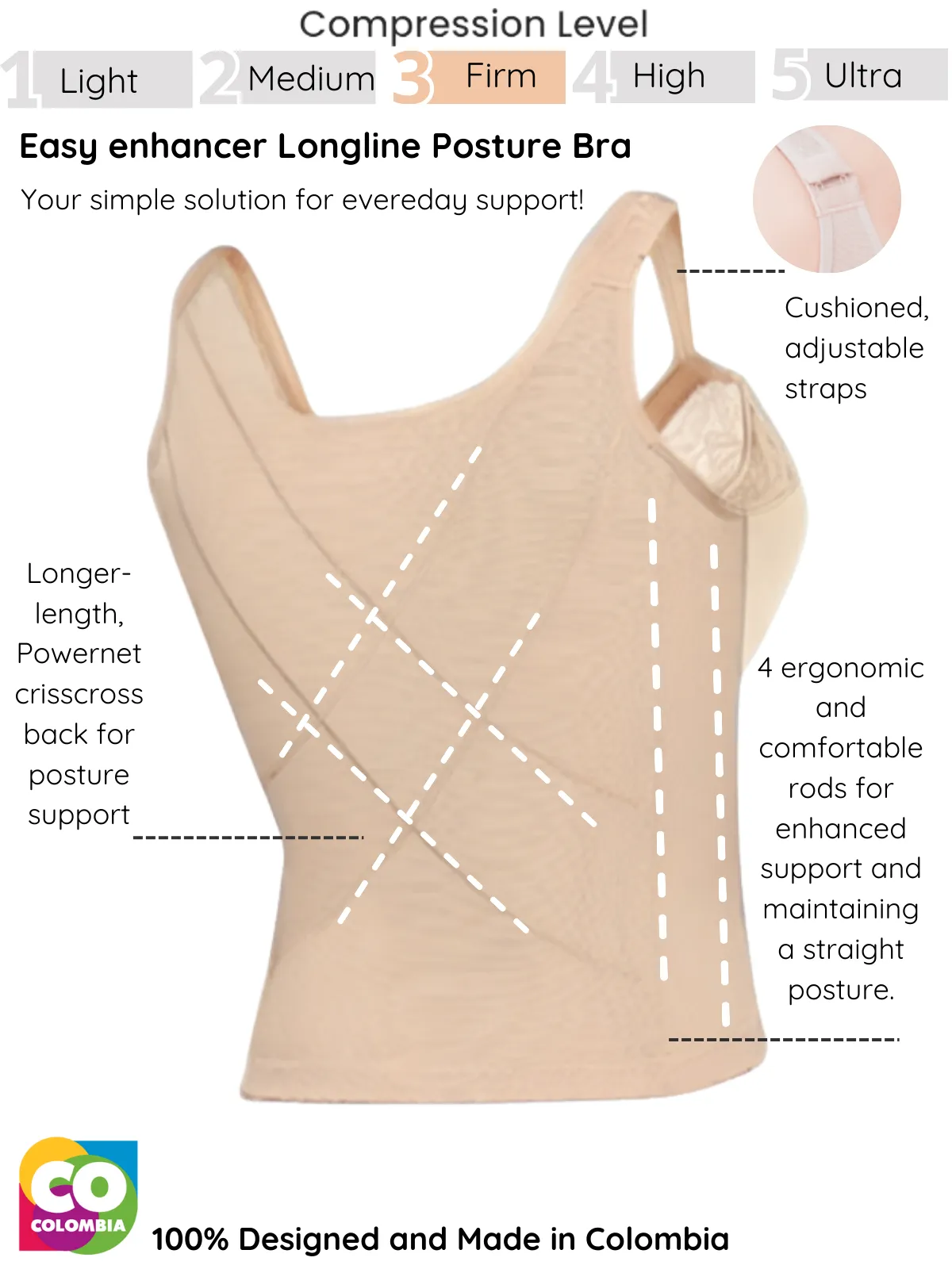 Longline posture corrector bra with padded straps