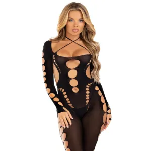 Opaque Cut Out Footless Bodystocking - One Size -  Black