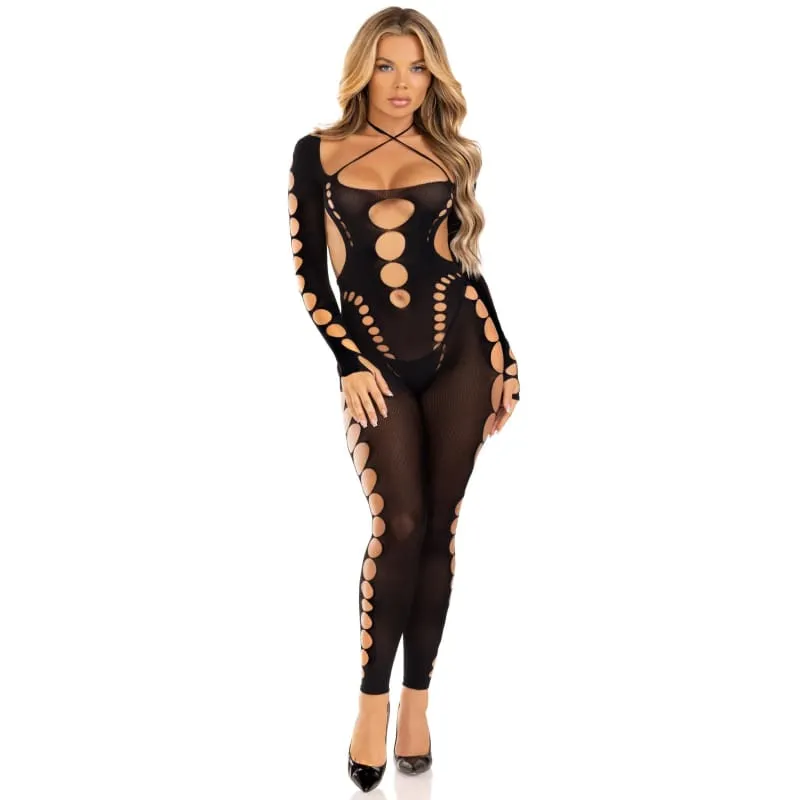 Opaque Cut Out Footless Bodystocking - One Size -  Black