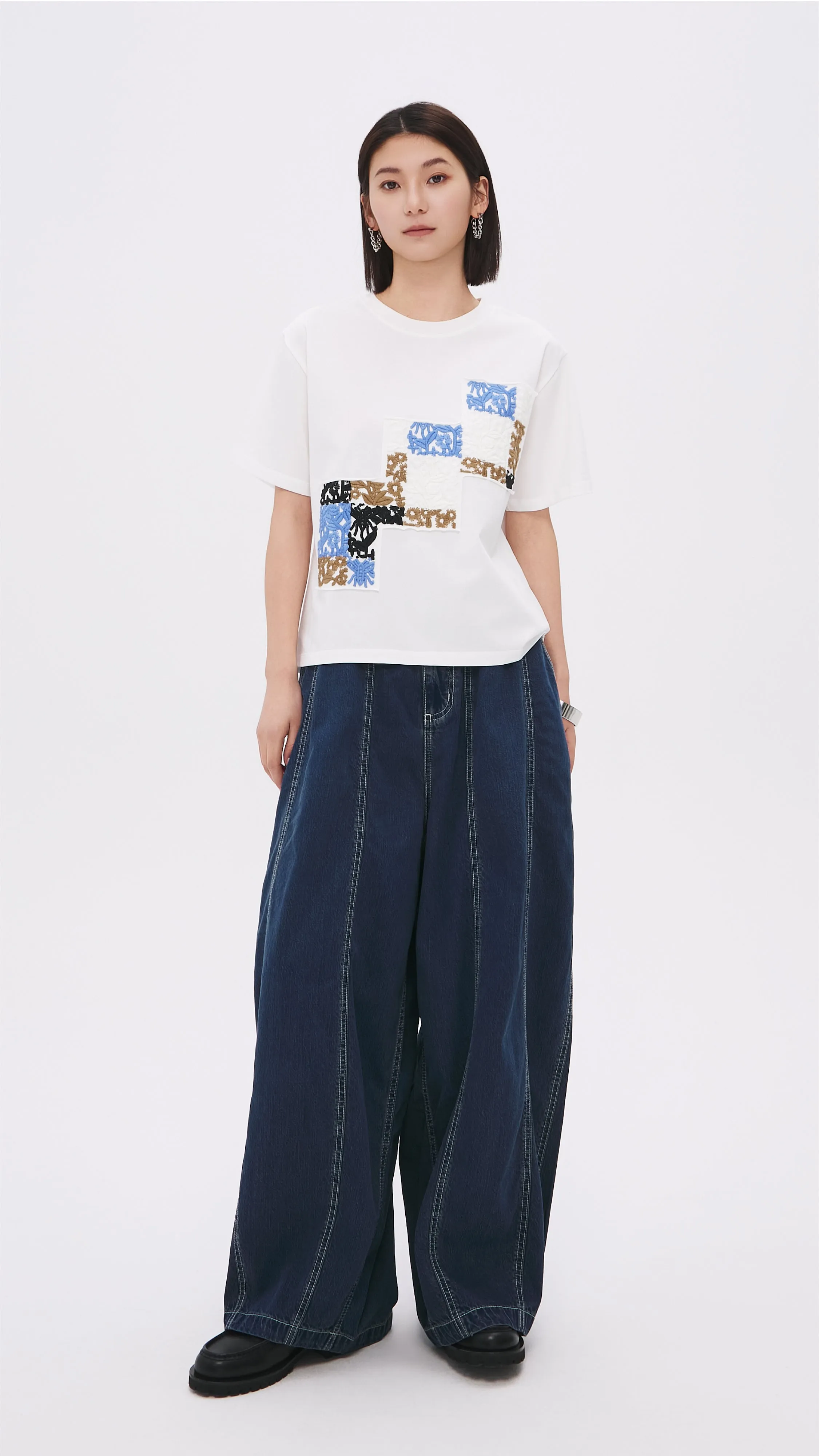 Patched Floral Embroidery Tee