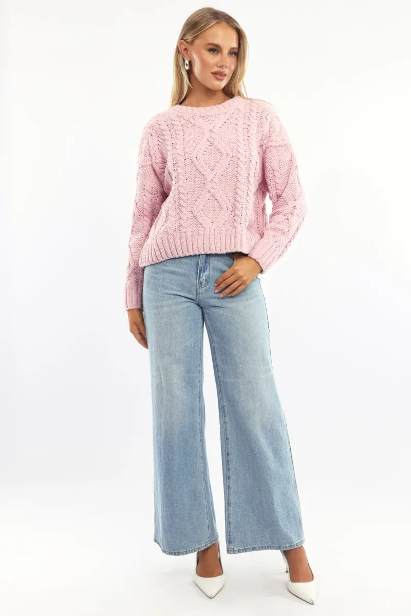Pink Cable Knit Long Sleeve Crew Neck