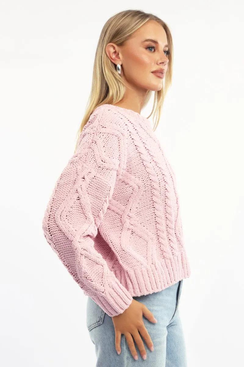 Pink Cable Knit Long Sleeve Crew Neck