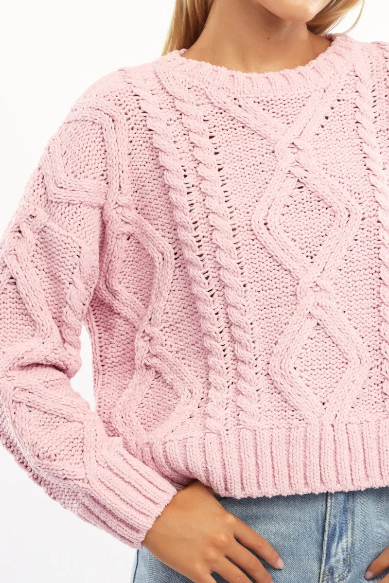 Pink Cable Knit Long Sleeve Crew Neck