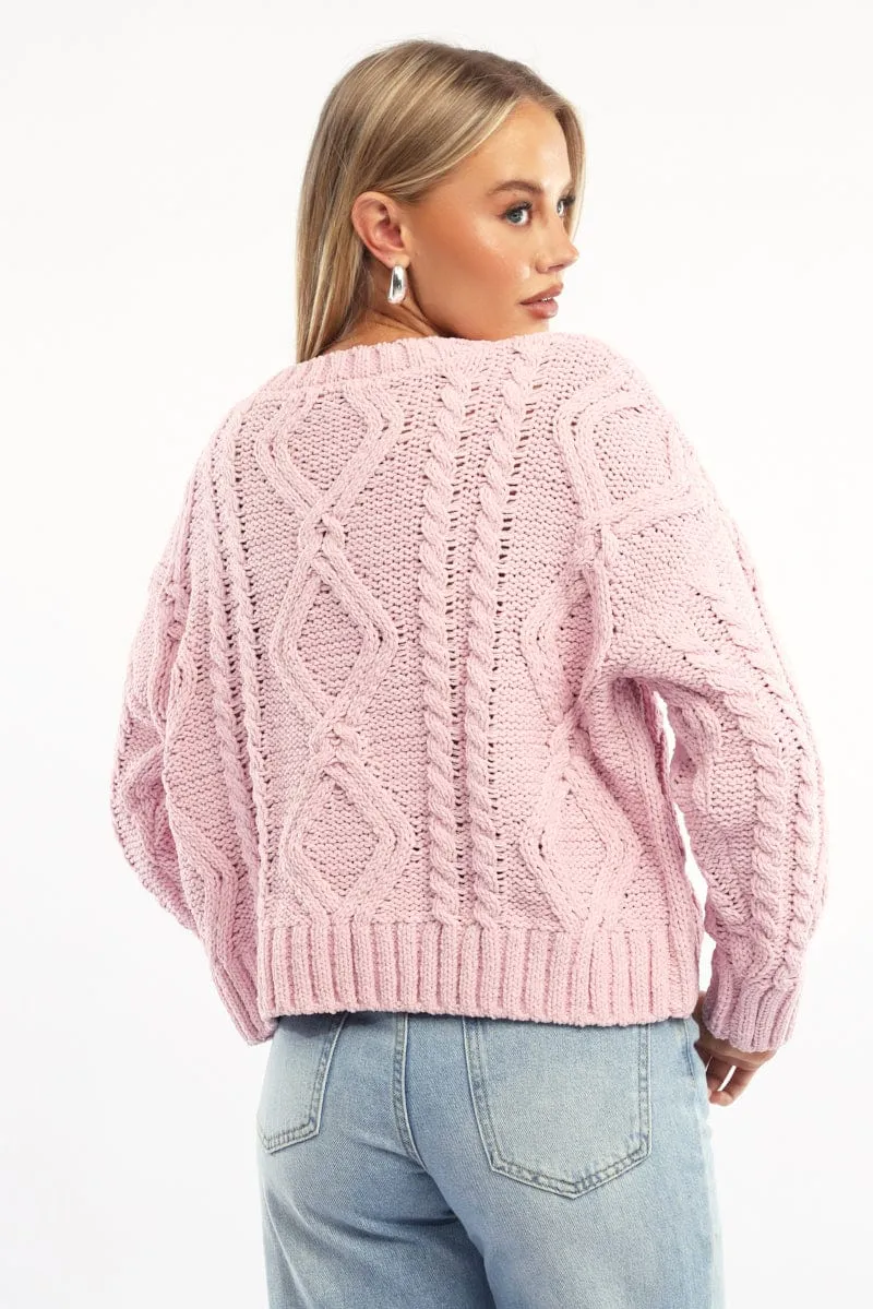 Pink Cable Knit Long Sleeve Crew Neck