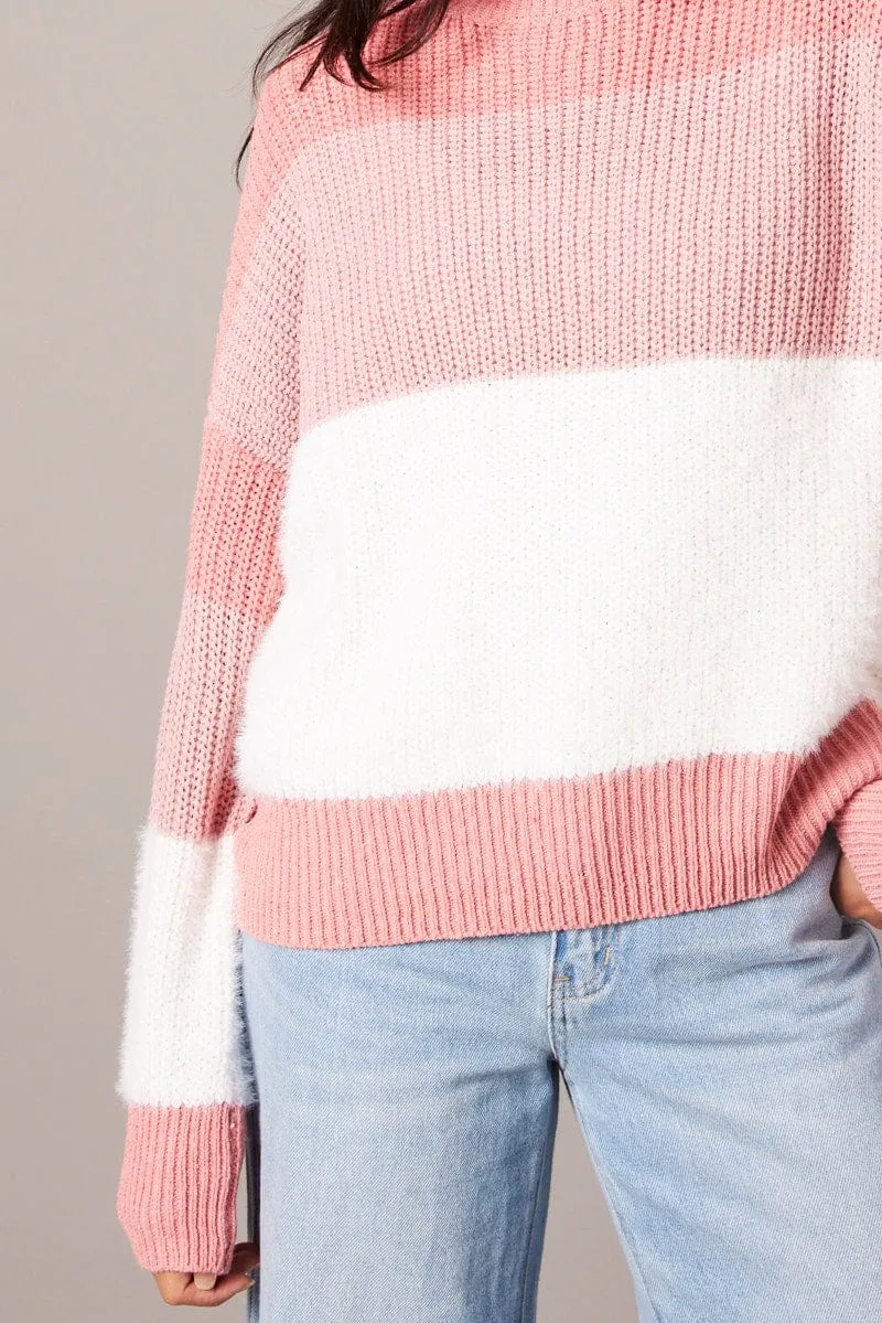 Pink Stripe Knit Top Long Sleeve Color Block