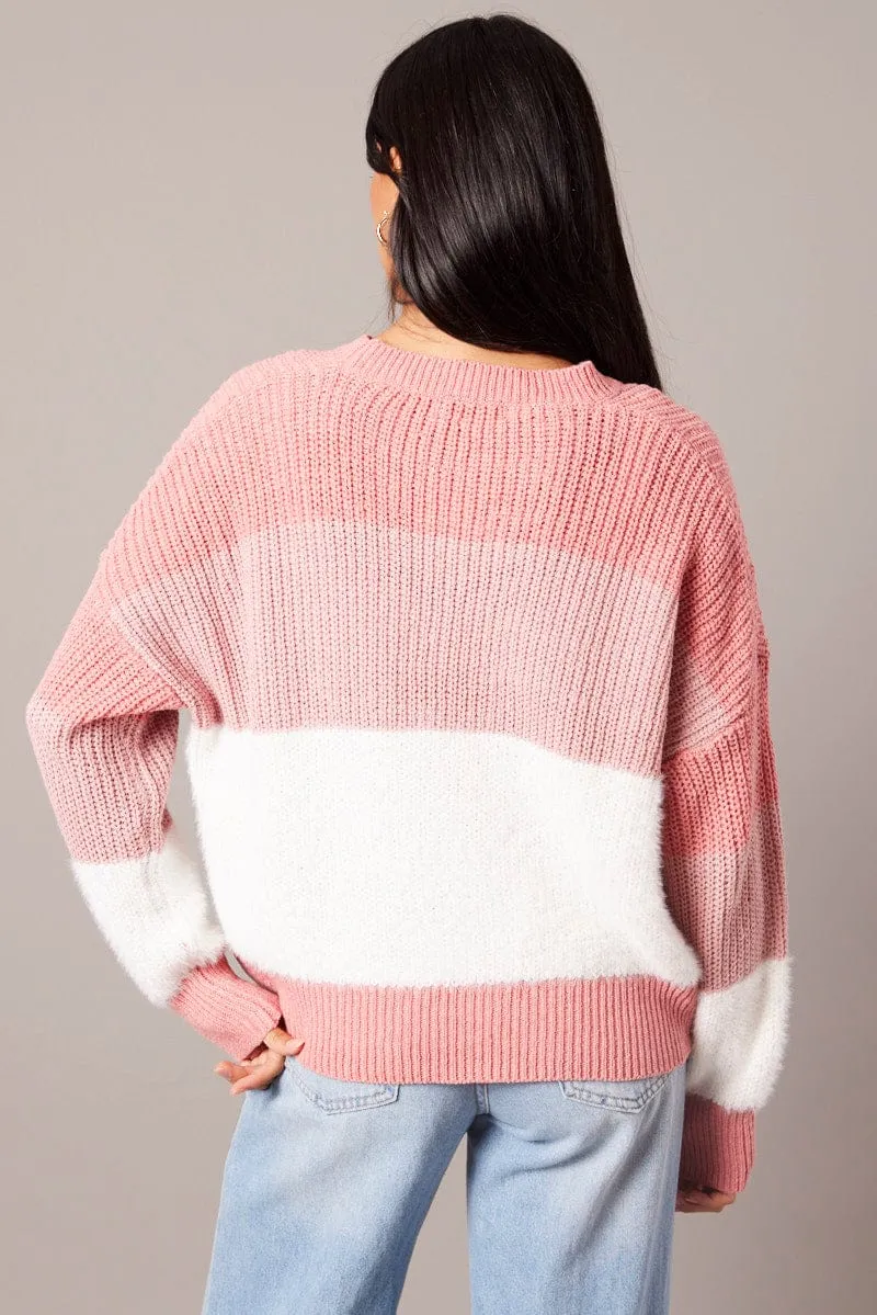 Pink Stripe Knit Top Long Sleeve Color Block