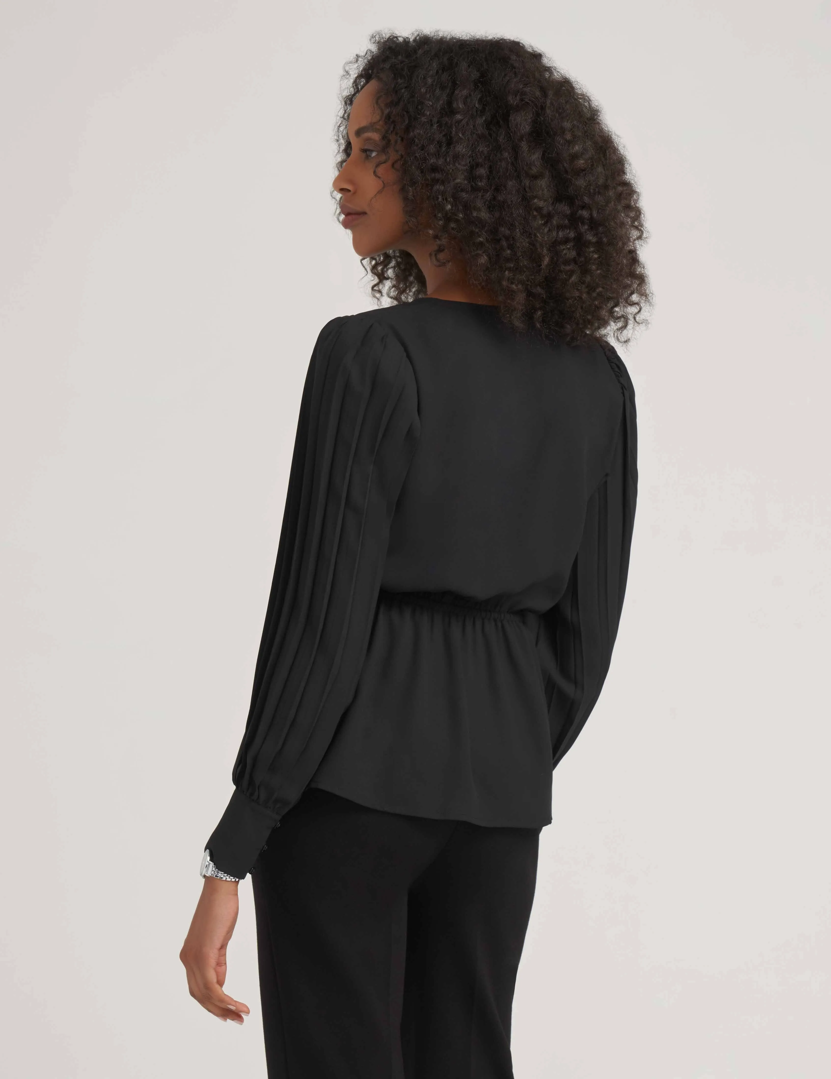 Pleated Sleeve V-Neck Blouse- Sale