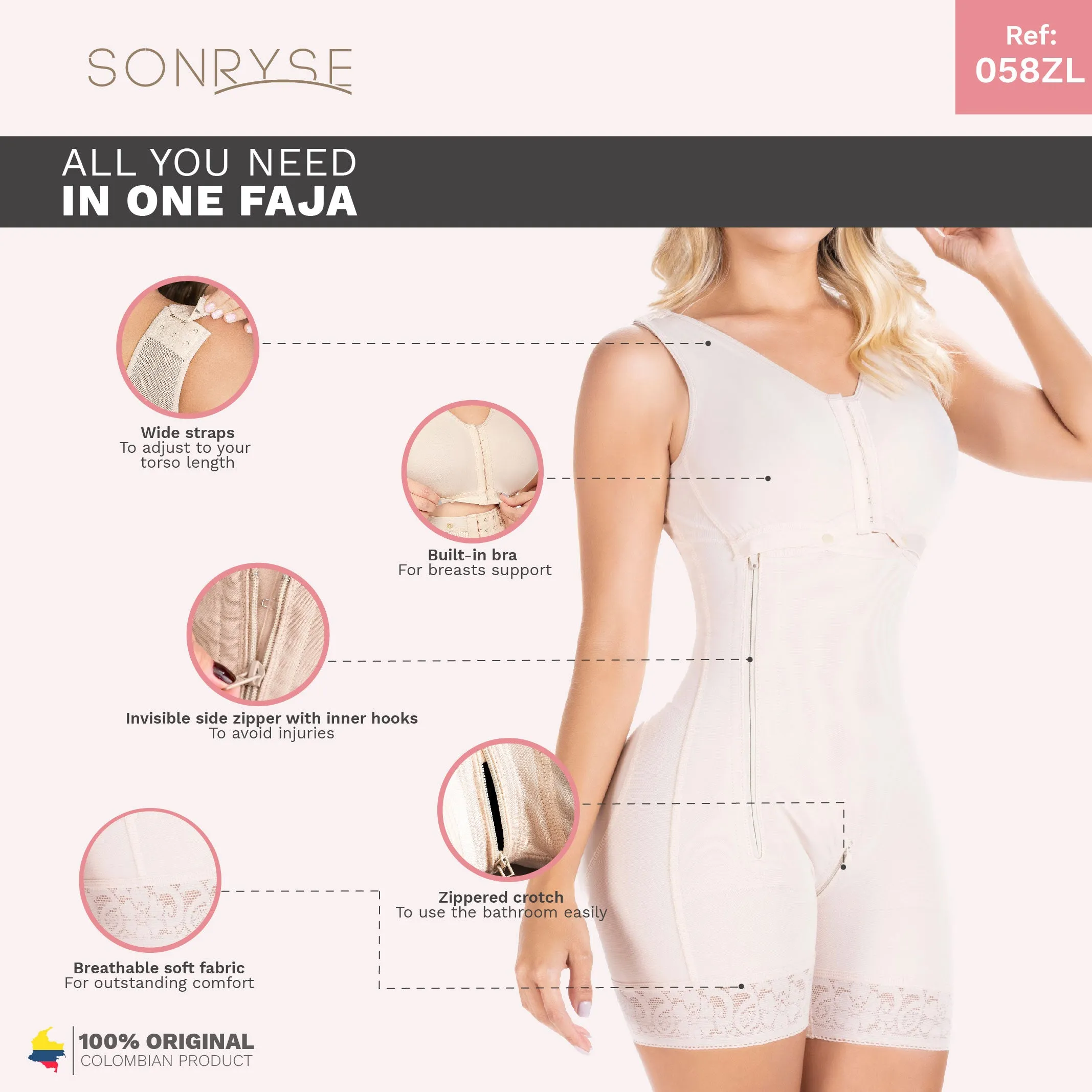 Postpartum C-Section, High-Back, Wide Strap, High Compression Shapewear Fajas Sonryse 058ZL