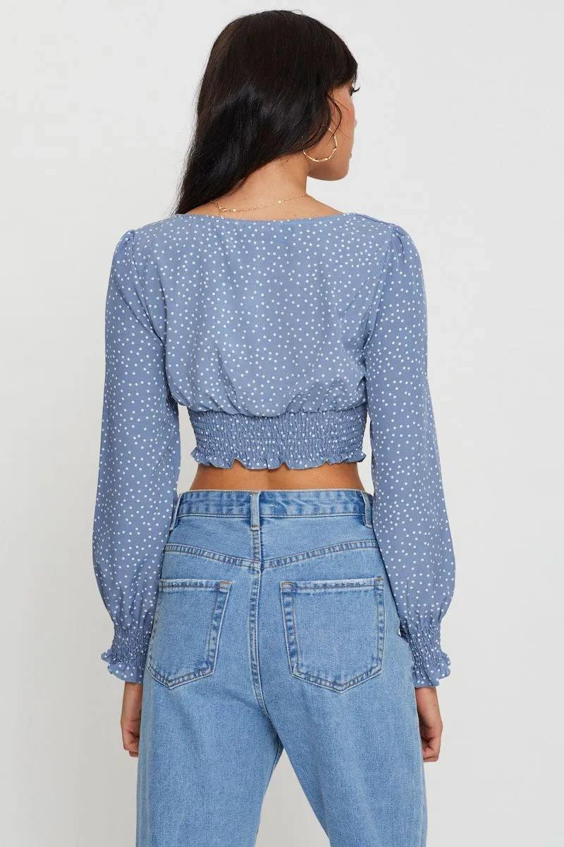 Print Crop Top Long Sleeve Square Neck