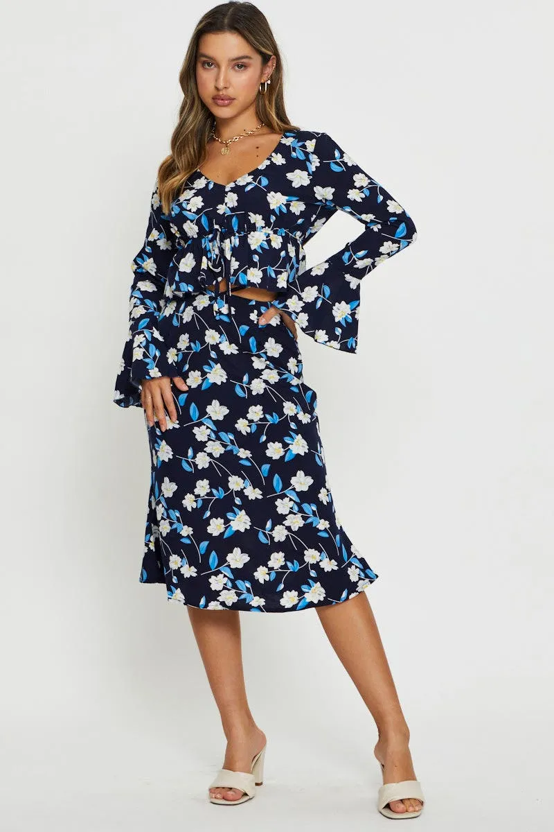 Print Peplum Top Long Sleeve Off Shoulder