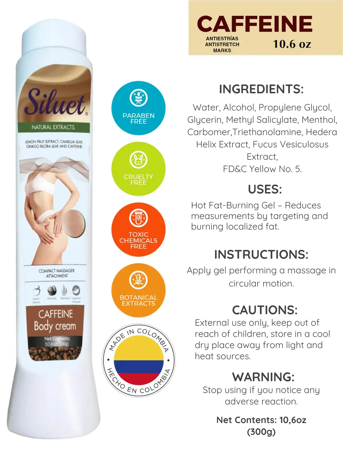 Siluet Caffeine Body Gel with Botanical Extracts – Reduces Stretch Marks & Restores Elasticity (10.6 oz)
