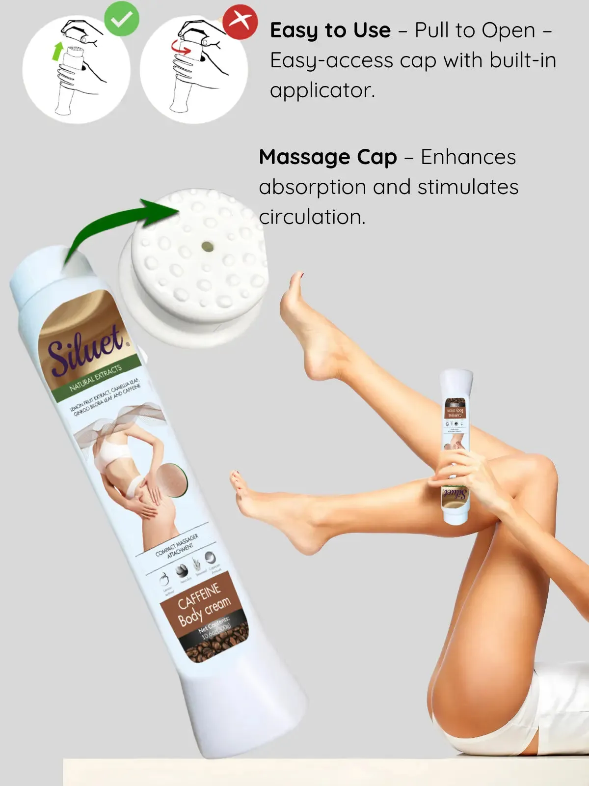 Siluet Caffeine Body Gel with Botanical Extracts – Reduces Stretch Marks & Restores Elasticity (10.6 oz)