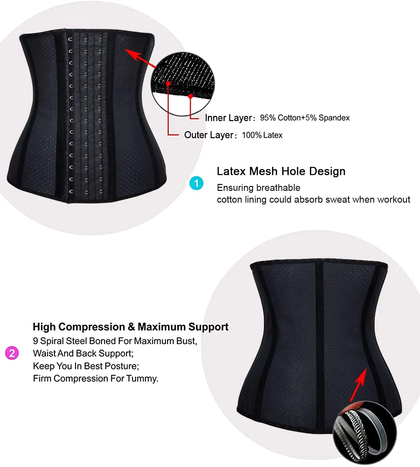 YIANNA Women Breathable Latex Waist Trainer 9 Steel Bones 3 Row Hooks
