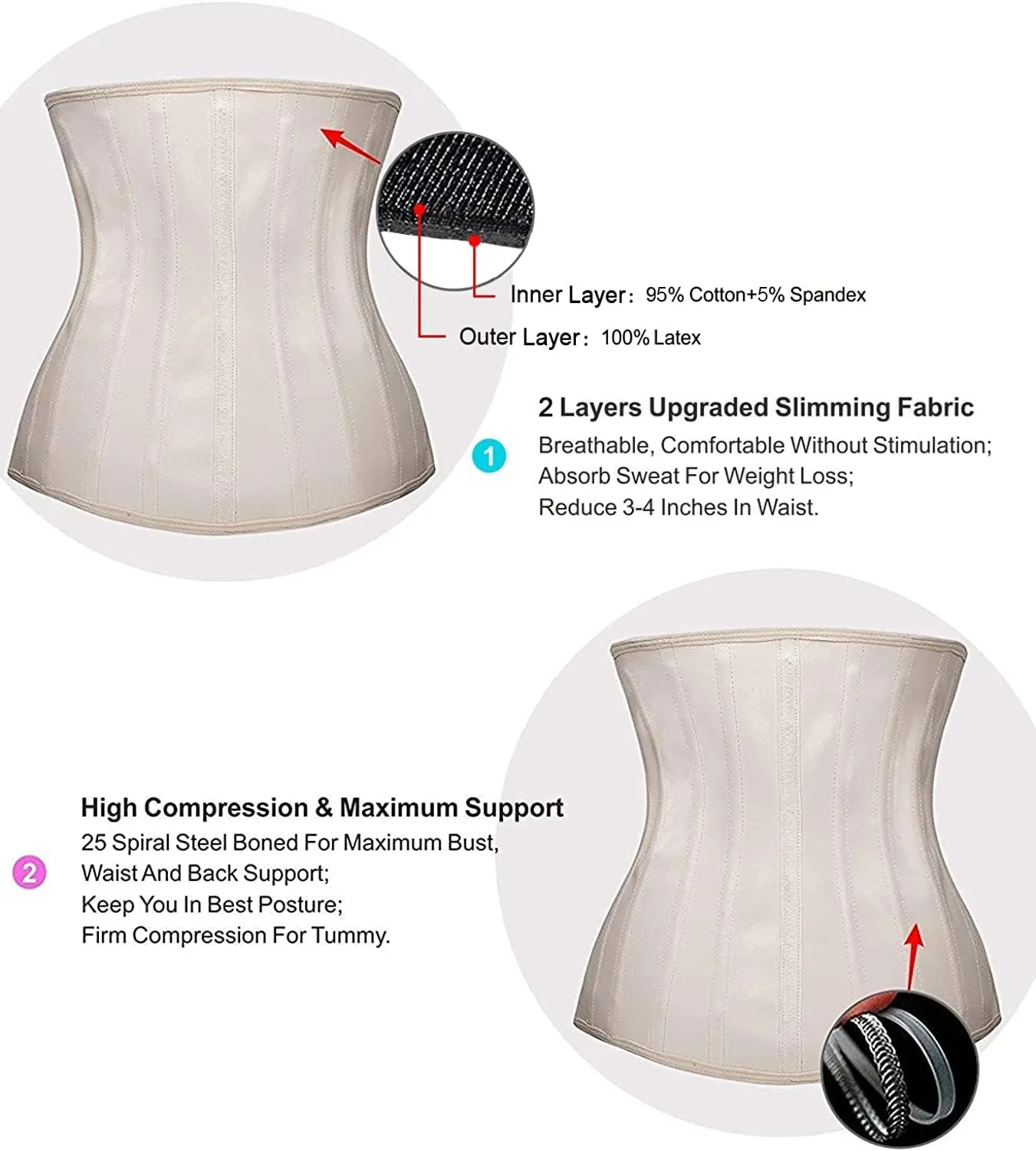 YIANNA Women Latex Waist Trainer 25 Steel Bones  3 Row Hooks